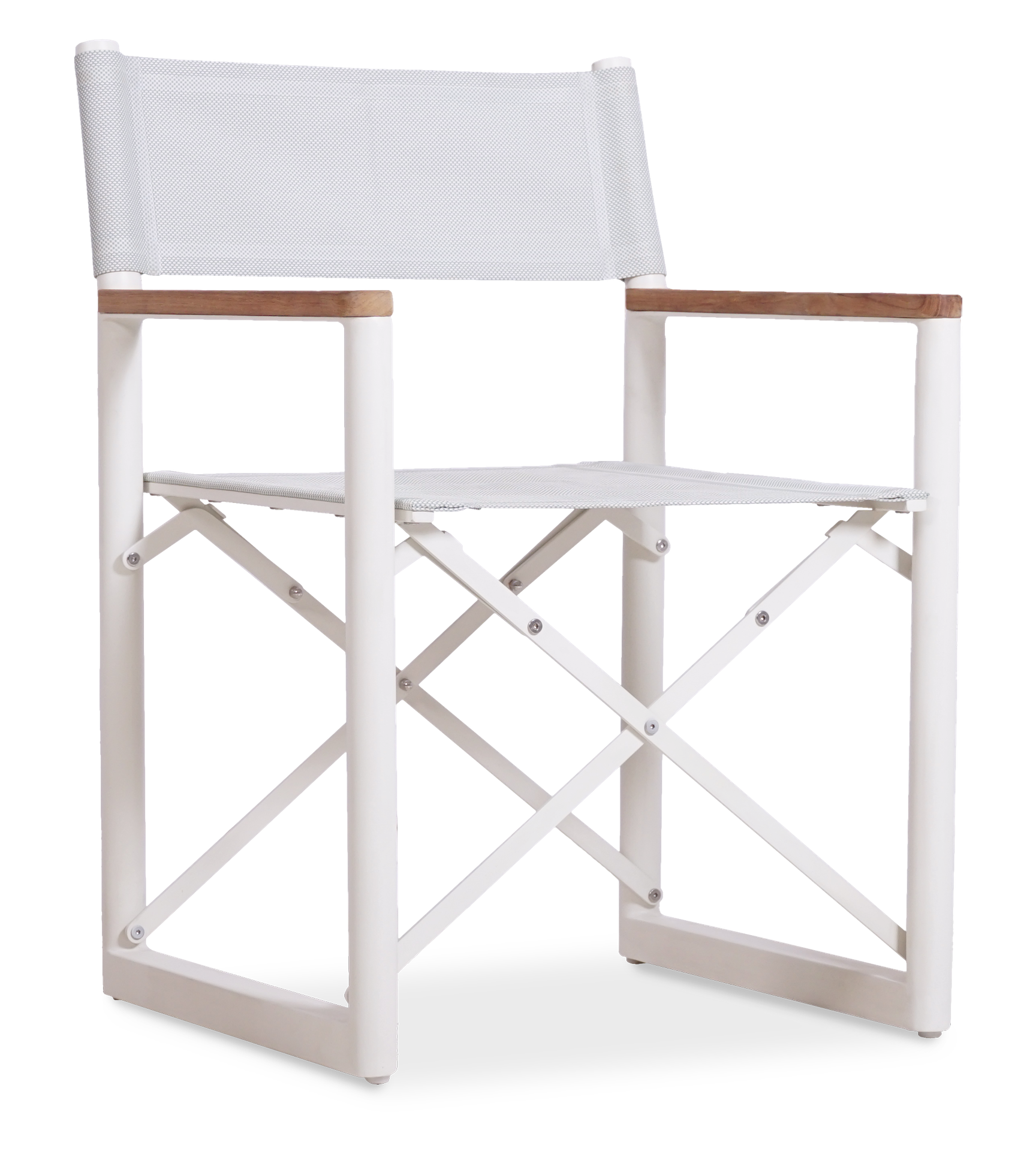 Full frontal view of a white Aleta director chair, powder-coated aluminum frame with teak armrests.