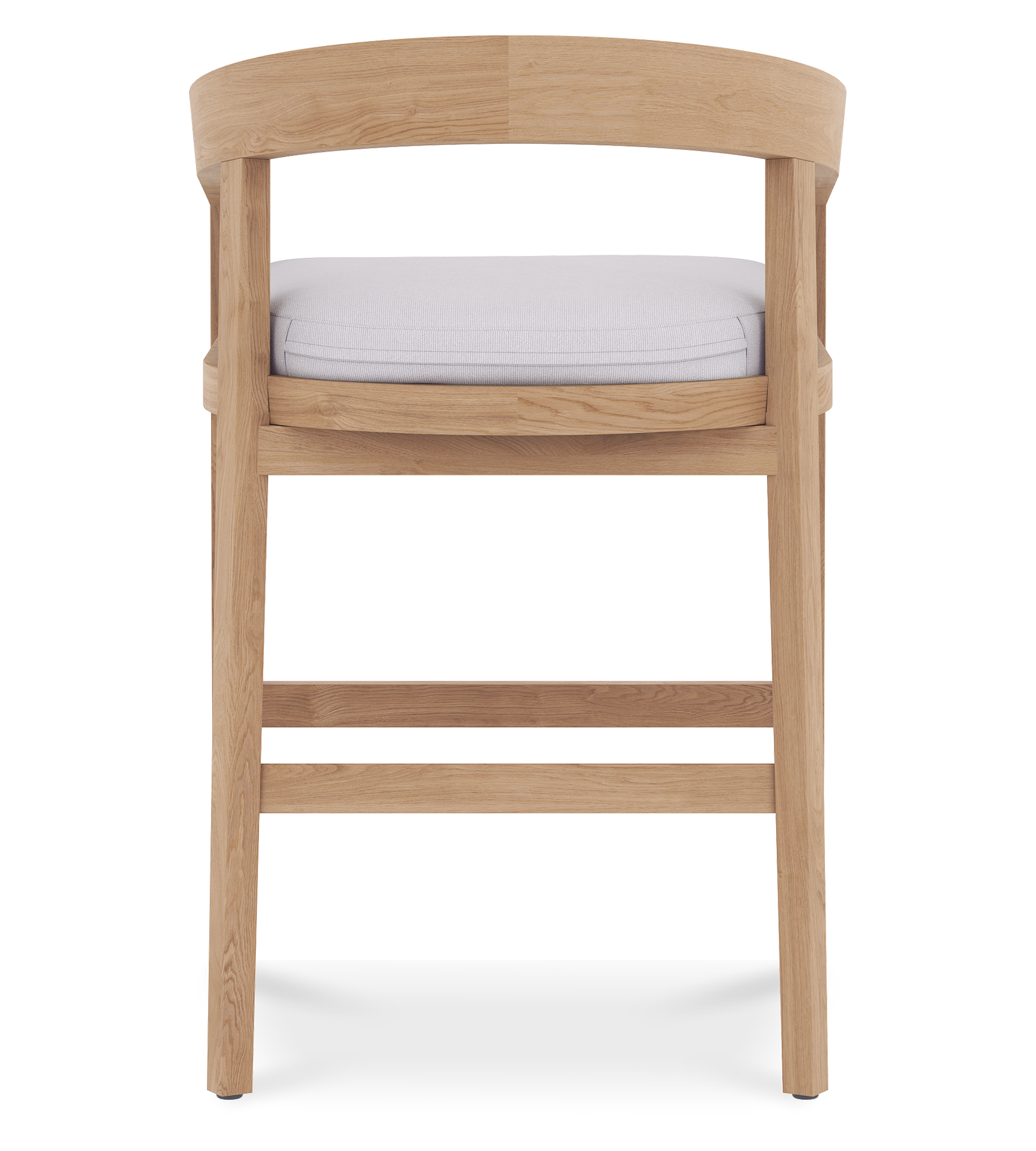 Back view of Vento counter stool with natural teak wood frame and white cushioned seat upholstery.