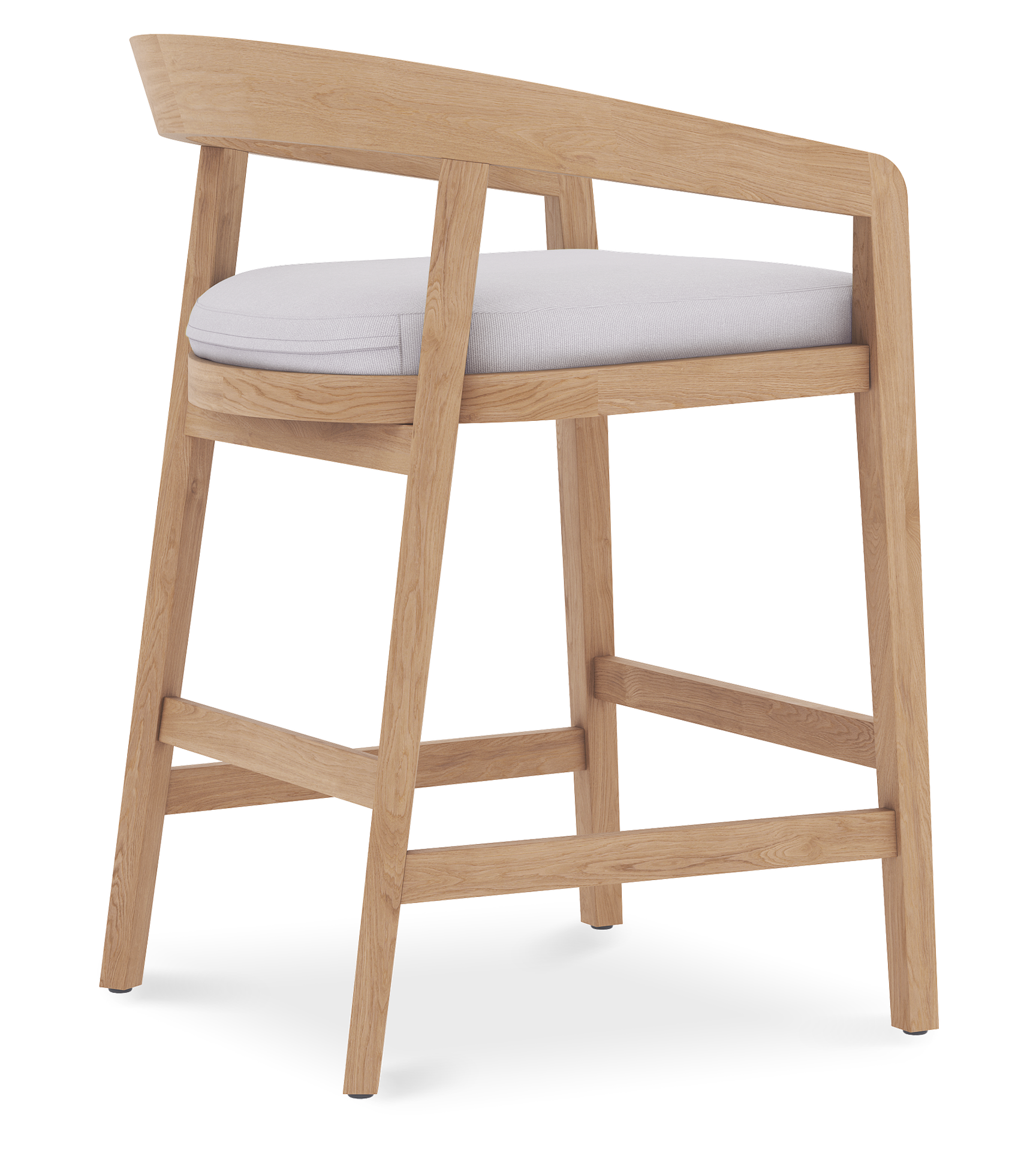 Rear angled view of Vento counter stool with teak wood frame, open back design, & padded white seat.