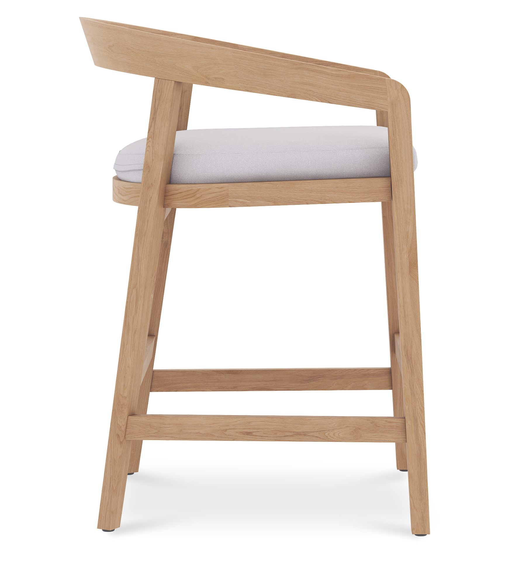 Side profile view of Vento counter stool featuring a teak wood frame and padded white fabric seat.