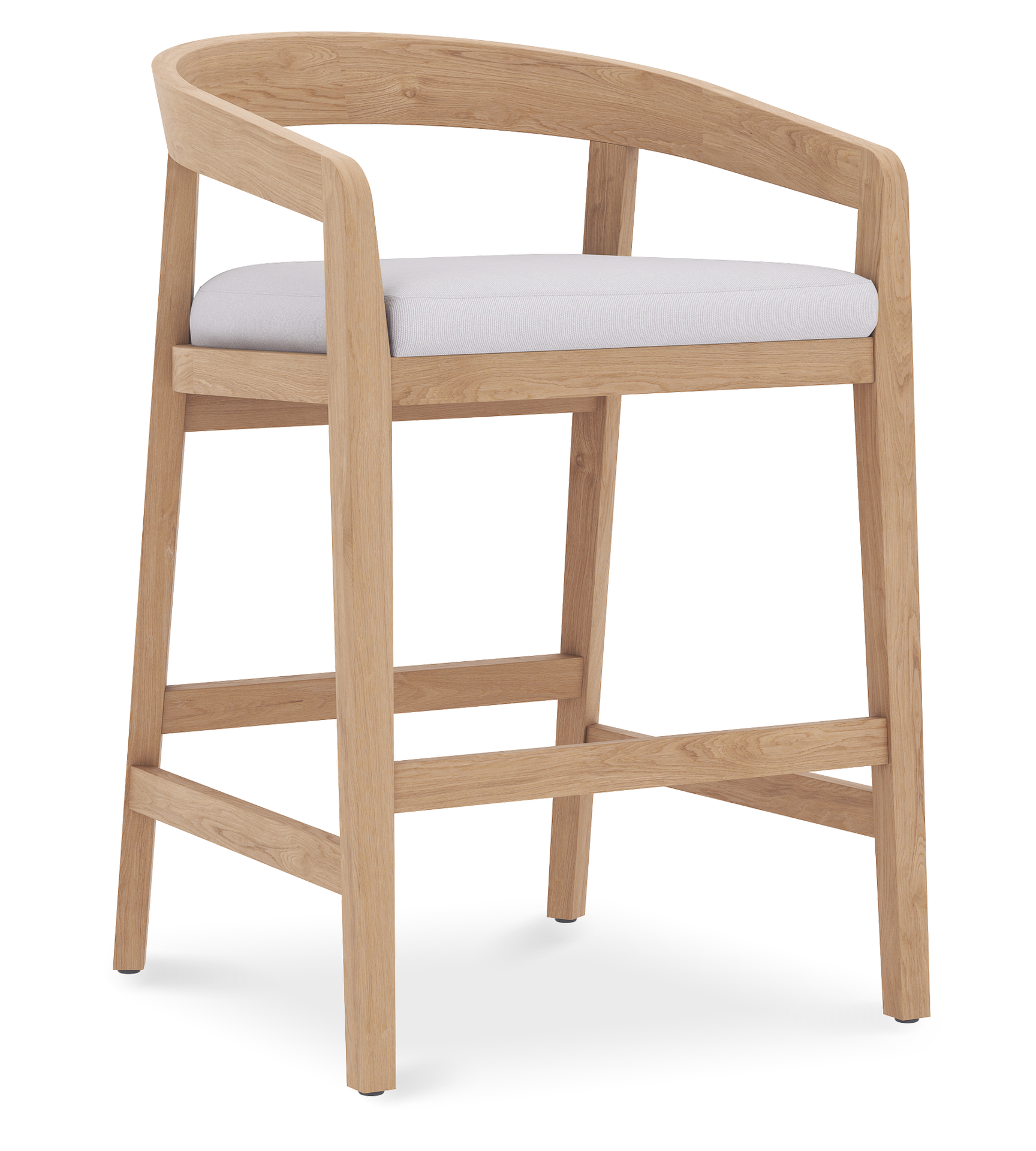 Light oak wooden counter stool with curved backrest and cushioned white seat for a modern kitchen.
