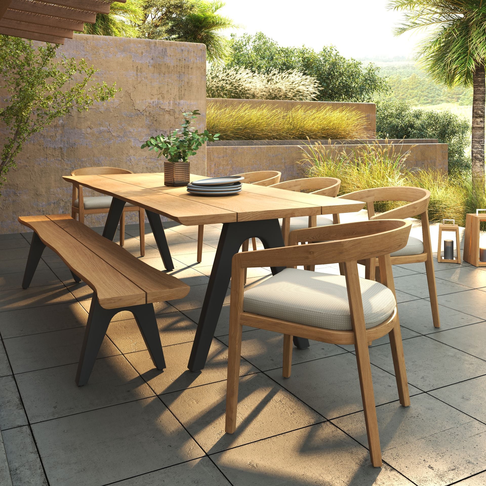 Outdoor dining set featuring a wooden table with a black base, a bench, and four dining chairs.