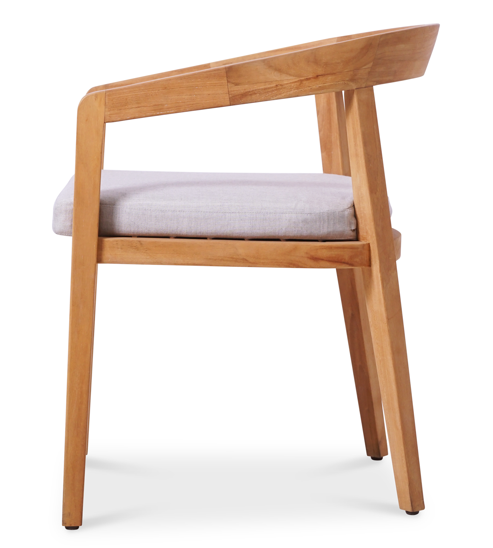 Side view of a new wooden outdoor dining chair with a curved back & a light cushion by Be A Little.