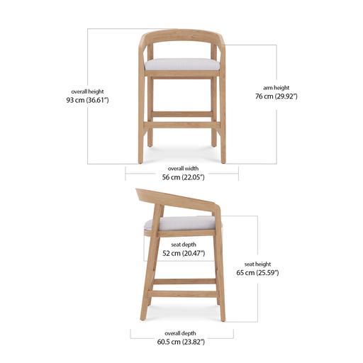 Dimension chart of Vento counter stool showing height, width, depth, seat, and arm measurements.