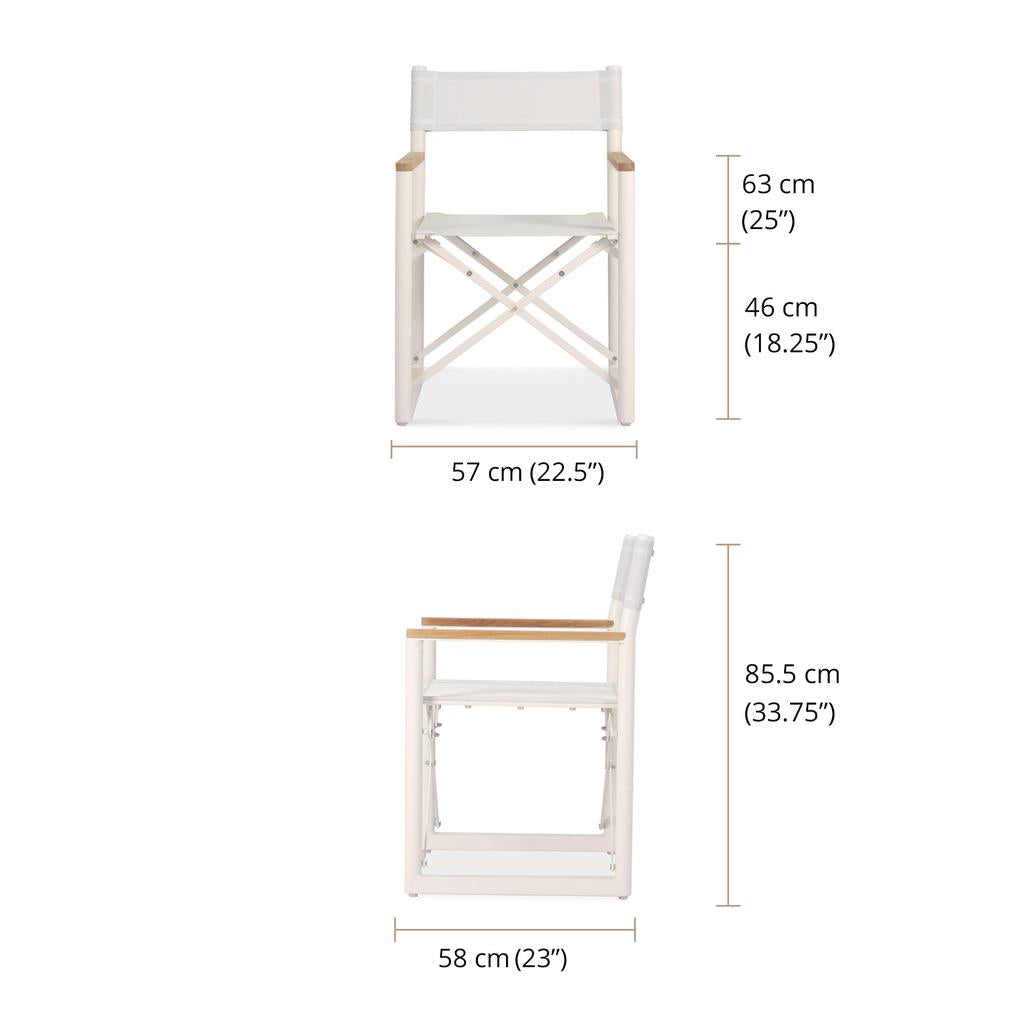 Measurement of Aleta director chair showing its dimensions: 85.5 cm high, 57 cm wide, & 58 cm deep.