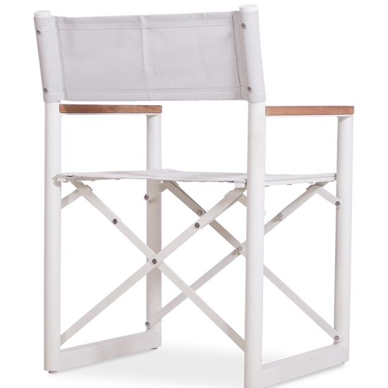 3/4th view of a white Aleta director chair with a white fabric & aluminum frame and teak armrests.