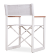 3/4th view of a white Aleta director chair with a white fabric & aluminum frame and teak armrests.