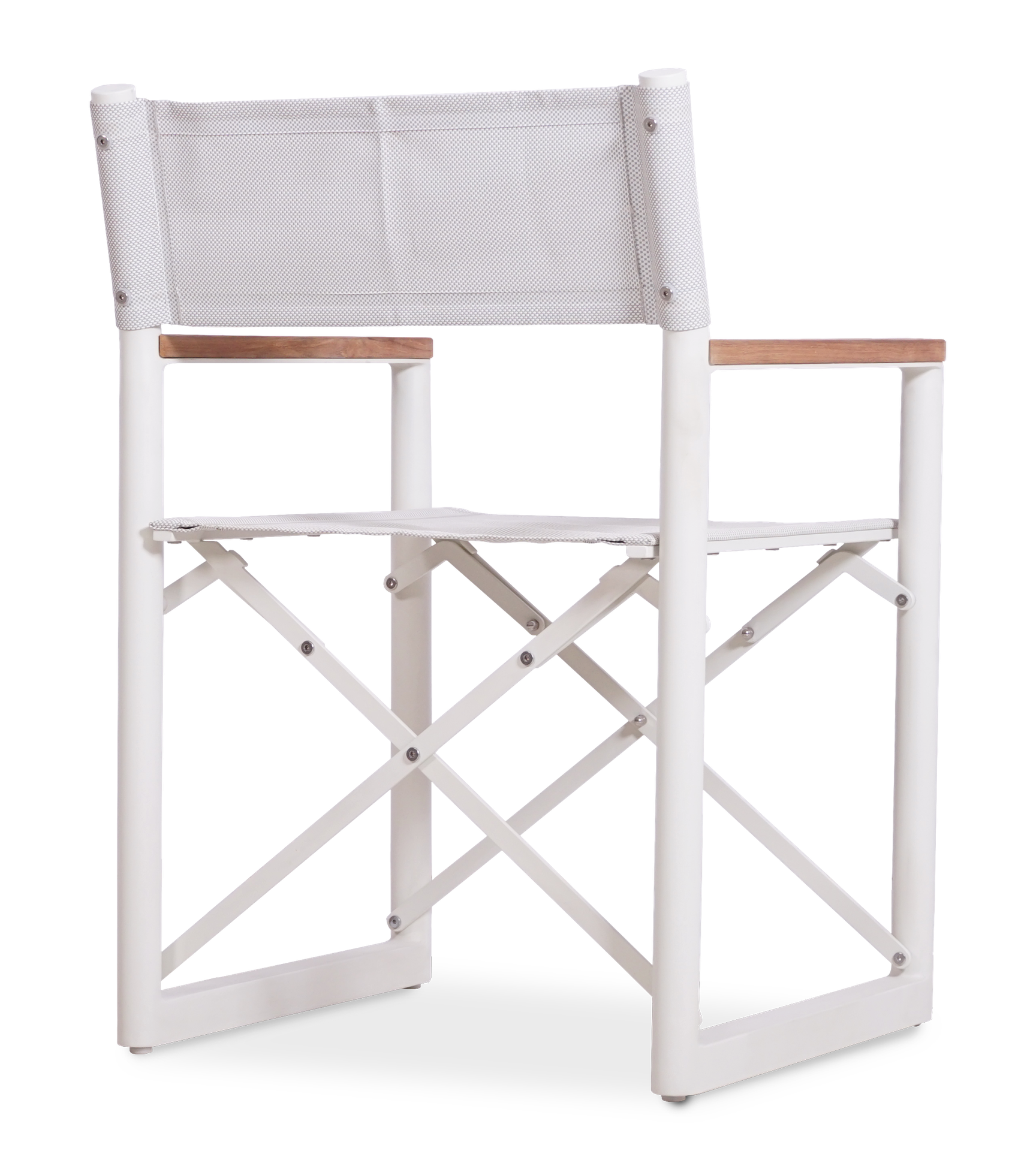 3/4th view of a white Aleta director chair with a white fabric & aluminum frame and teak armrests.