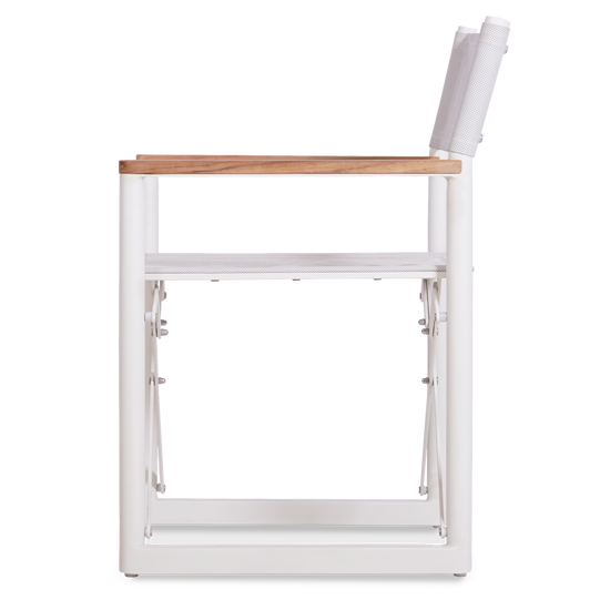 Side view of a white Aleta director chair, showing its teak armrest & powder-coated aluminum frame.