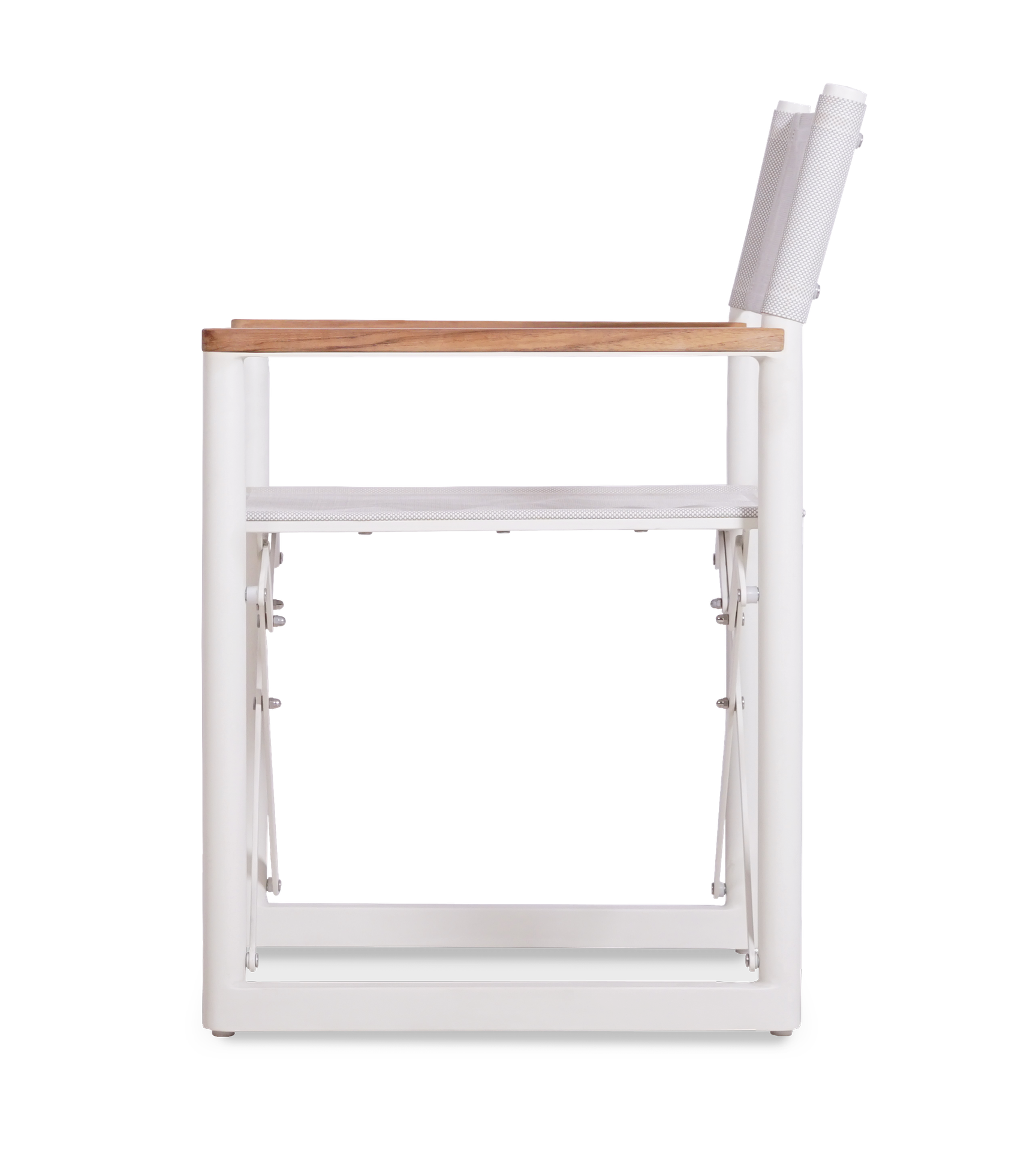 Side view of a white Aleta director chair, showing its teak armrest & powder-coated aluminum frame.