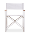 A white Aleta director chair, made from a white aluminum frame, white fabric and teak armrests.