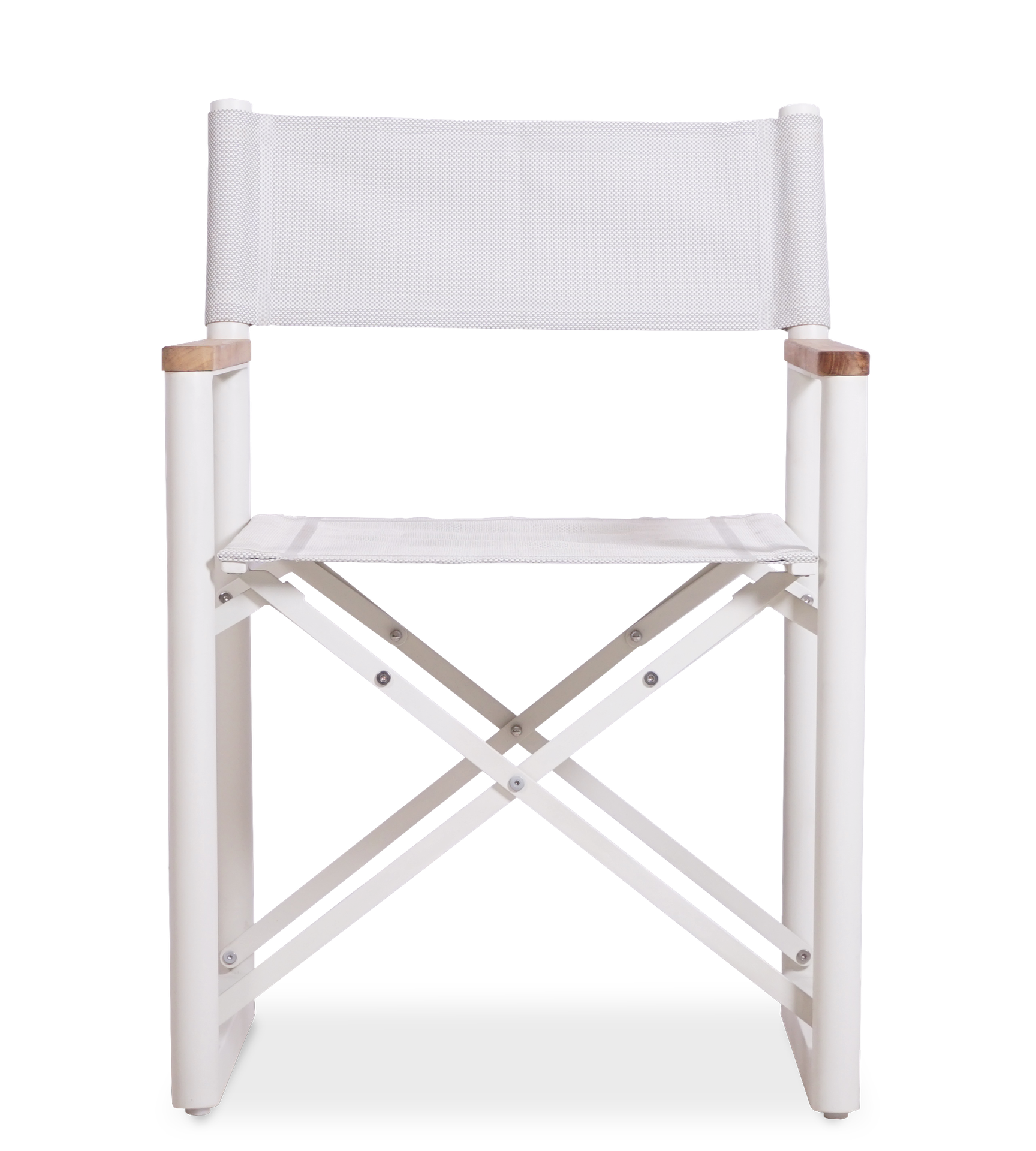 A white Aleta director chair, made from a white aluminum frame, white fabric and teak armrests.