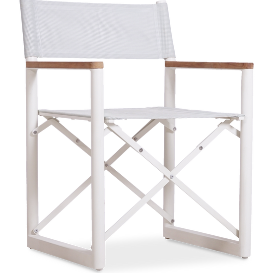 Full frontal view of a white Aleta director chair, powder-coated aluminum frame with teak armrests.