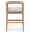 Back view of Vento counter stool with natural teak wood frame and white cushioned seat upholstery.