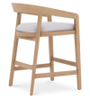 Rear angled view of Vento counter stool with teak wood frame, open back design, & padded white seat.