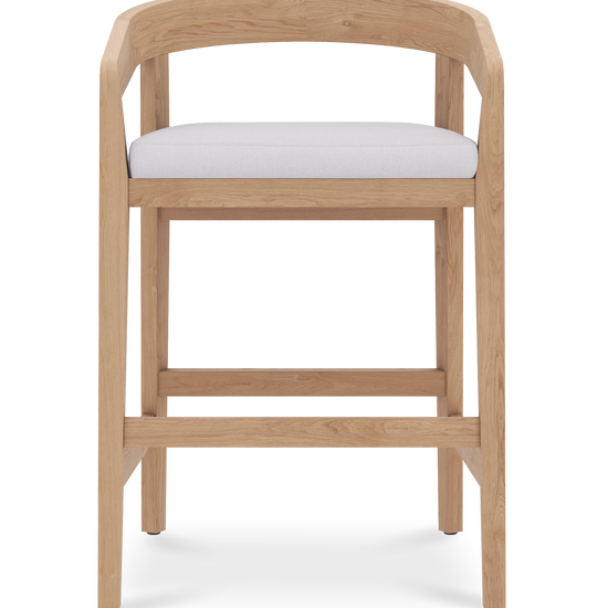Vento counter stool in light oak with a curved wooden backrest & padded white seat for modern space.