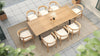 Top-down view of an outdoor dining set with a long table and eight curved-back wooden dining chairs.