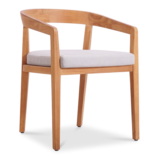 Elegant teak dining chair with a curved backrest & a light-colored upholstered seat by Be A Little.