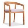 Elegant teak dining chair with a curved backrest & a light-colored upholstered seat by Be A Little.