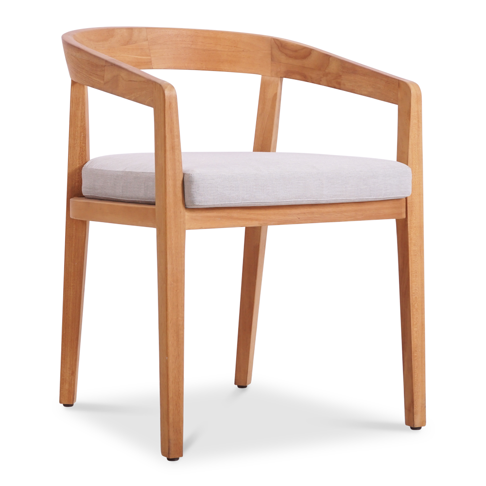Elegant teak dining chair with a curved backrest & a light-colored upholstered seat by Be A Little.