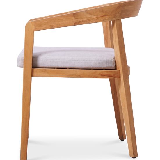 Side view of a new wooden outdoor dining chair with a curved back & a light cushion by Be A Little.