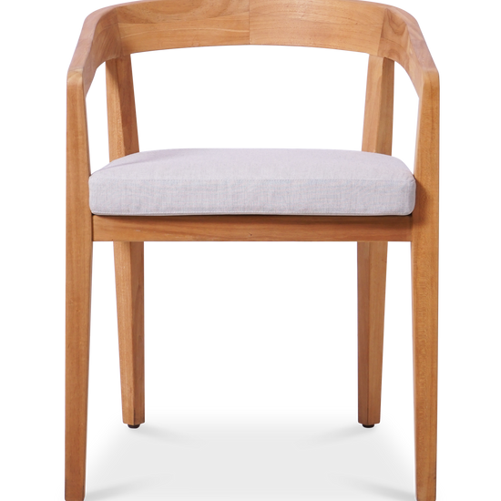 Front view of a minimalist wooden dining chair with a curved back and a light-gray colored cushion.