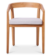 Front view of a minimalist wooden dining chair with a curved back and a light-gray colored cushion.