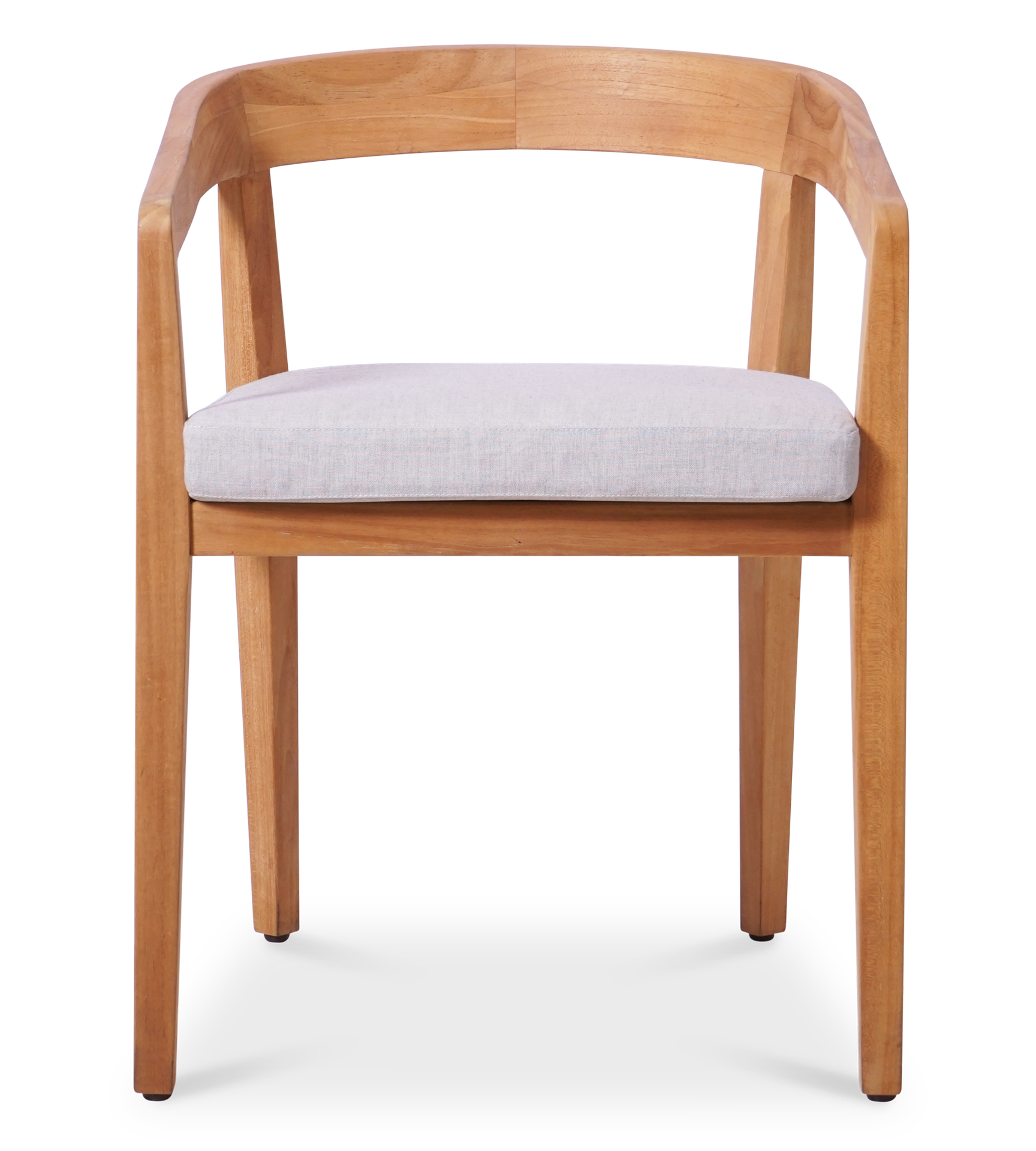Front view of a minimalist wooden dining chair with a curved back and a light-gray colored cushion.