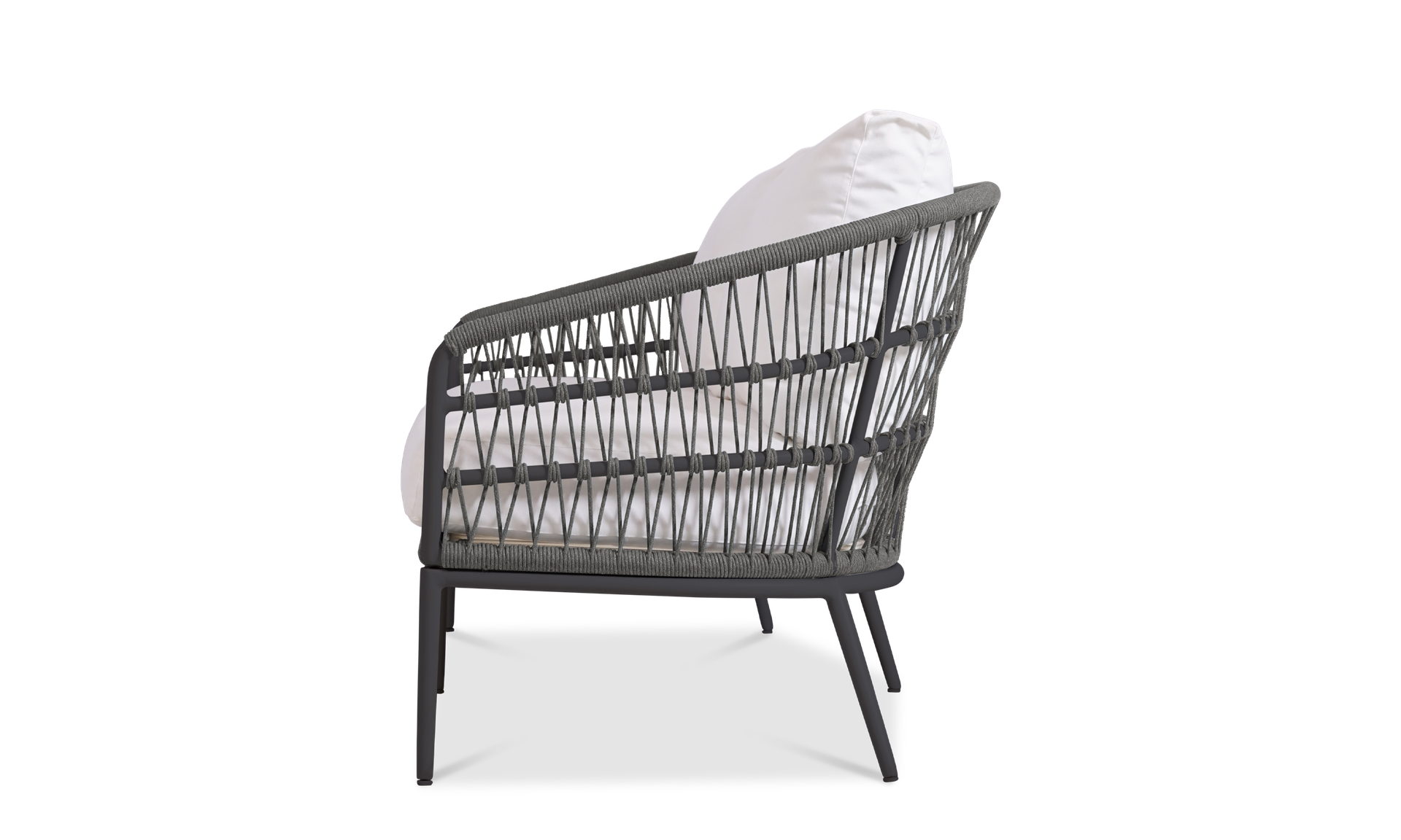 Side view of the Vino 3-seater sofa with a grey woven rope frame and plush white cushions.