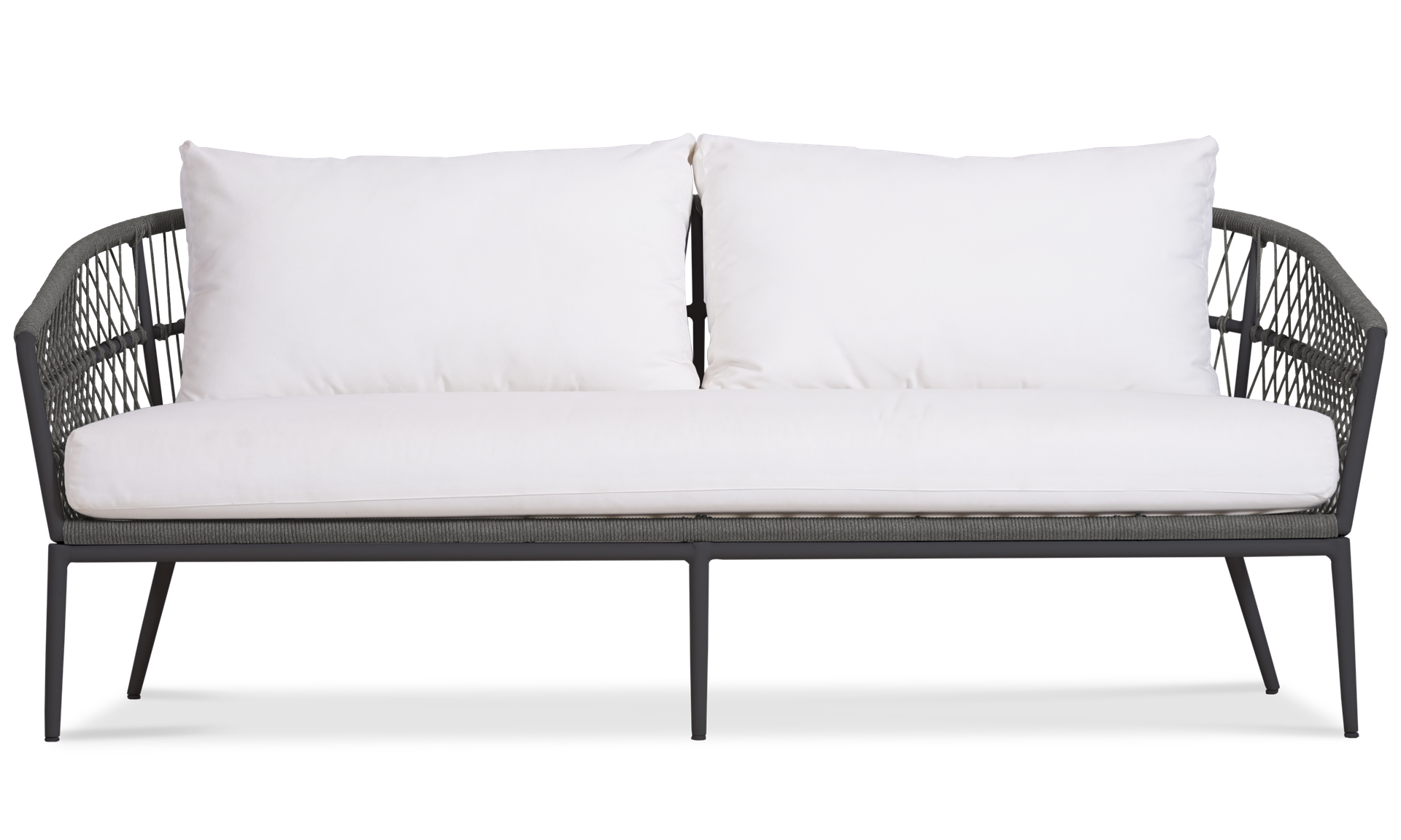 Front view of a modern 3-seater sofa with white cushions and woven rope arms on a black metal frame.