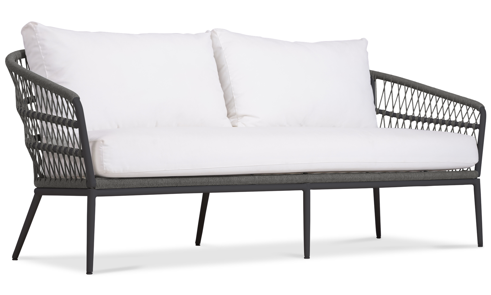 Be a little's modern 3-seater sofa with white cushions & woven rope backrest on a black metal frame.