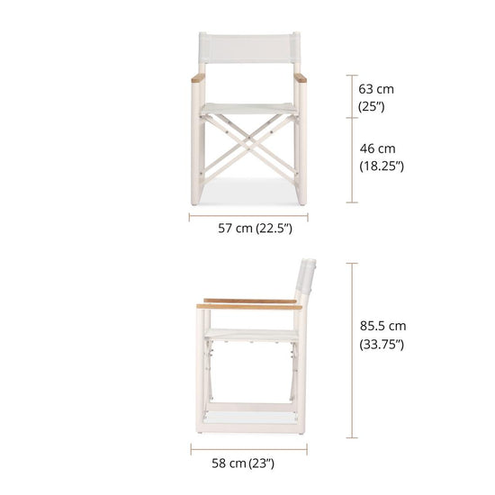 Measurement of Aleta director chair showing its dimensions: 85.5 cm high, 57 cm wide, & 58 cm deep.
