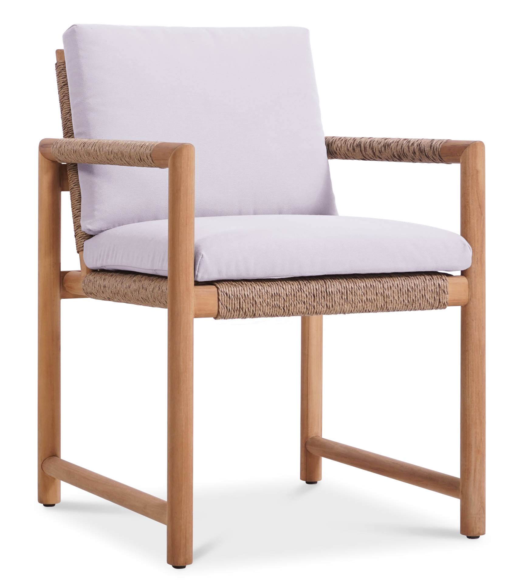 Timo dining armchair made of solid teak with rope-wrapped frame and white seat and back cushions.