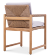 Rear view of the Timo dining armchair with rope-wrapped backrest, teak frame, and white cushions.