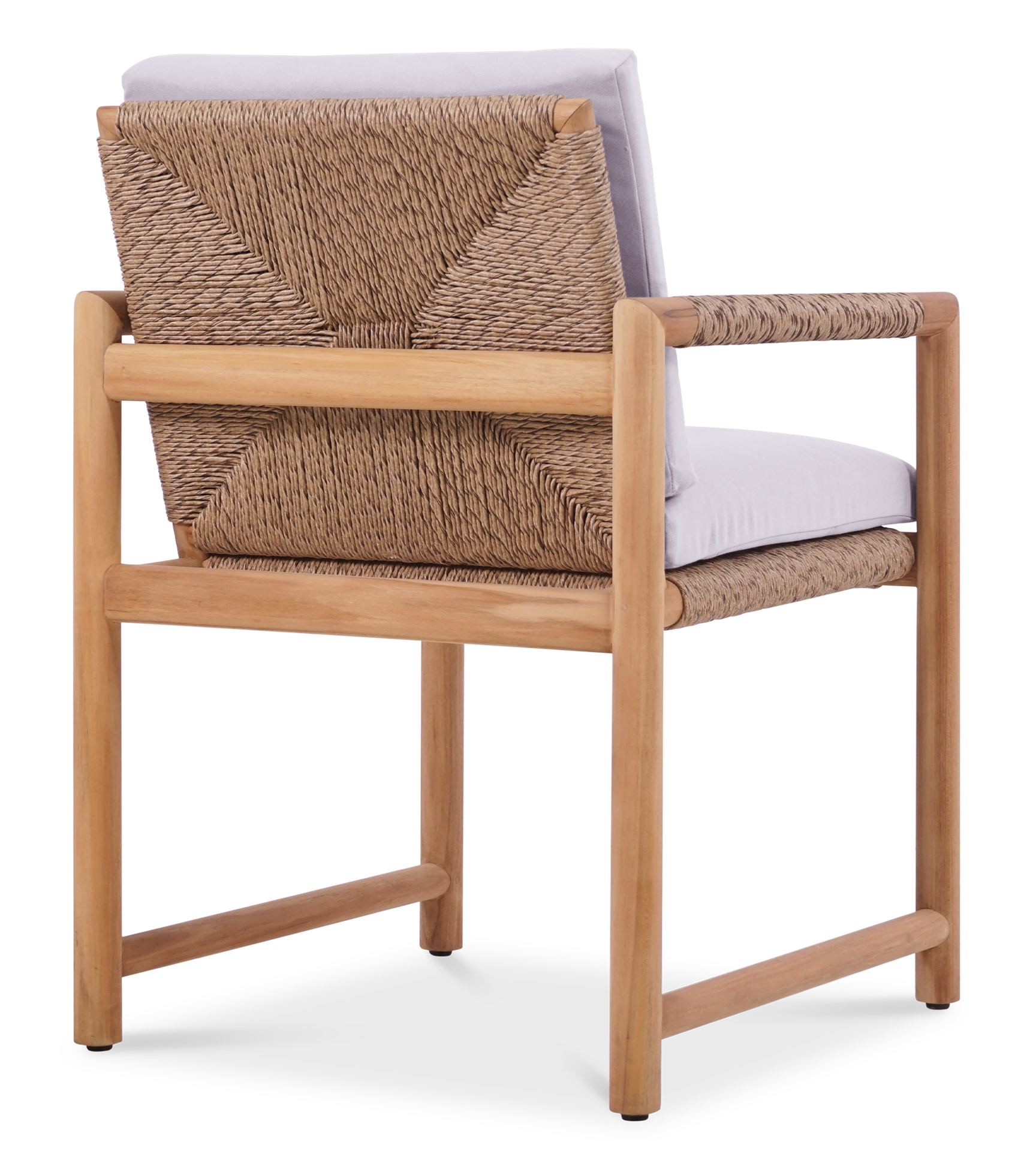 Rear view of the Timo dining armchair with rope-wrapped backrest, teak frame, and white cushions.