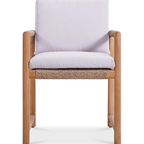 Front view of Timo dining armchair with rope weave seat & cushioned backrest & seat by Be A Little.