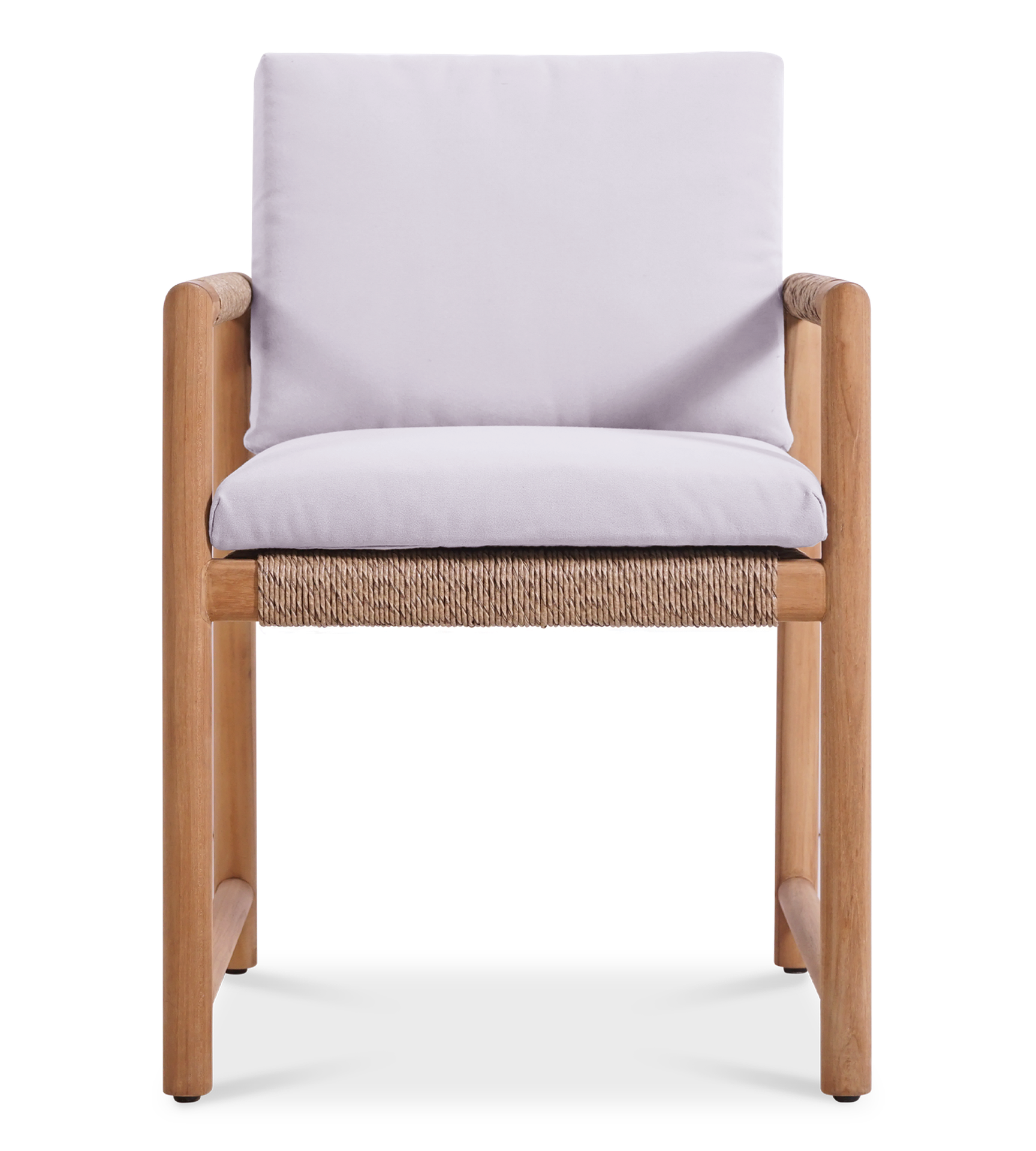 Front view of Timo dining armchair with rope weave seat & cushioned backrest & seat by Be A Little.