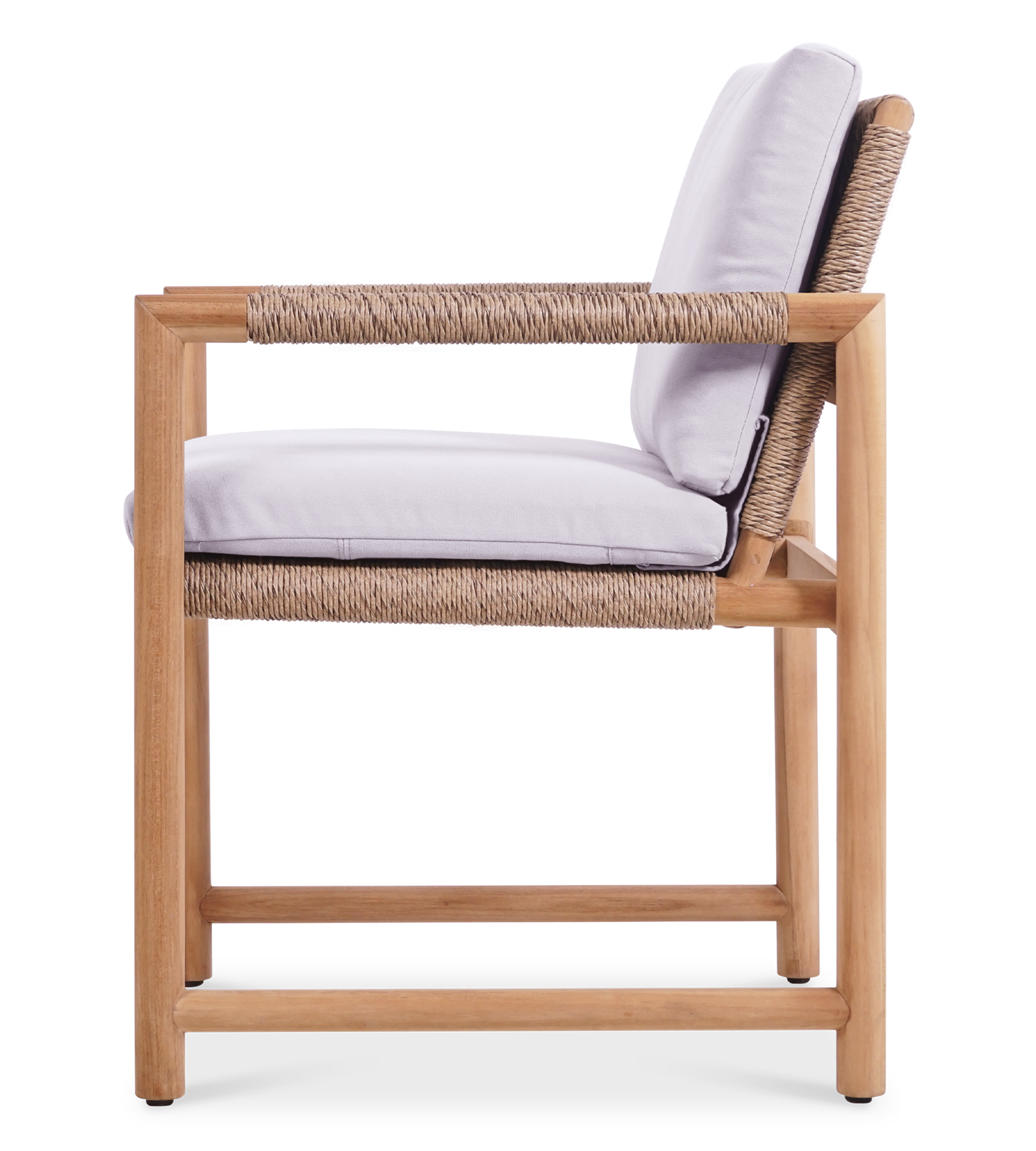 Side view of the Timo dining armchair with premium teak wood frame, rope details, & white cushions.
