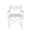 Front view of white Aleta director chair with teak armrests, on a white background by Be A Little.