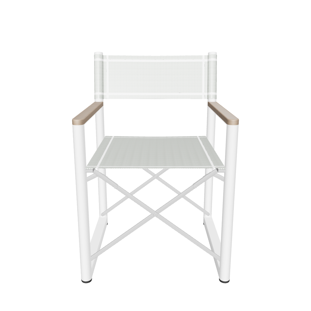 Front view of white Aleta director chair with teak armrests, on a white background by Be A Little.
