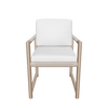 Front view of the Timo dining armchair with light wood frame and white seat and back cushions.