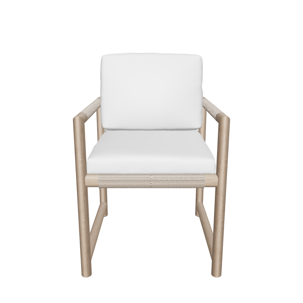 Front view of the Timo dining armchair with light wood frame and white seat and back cushions.