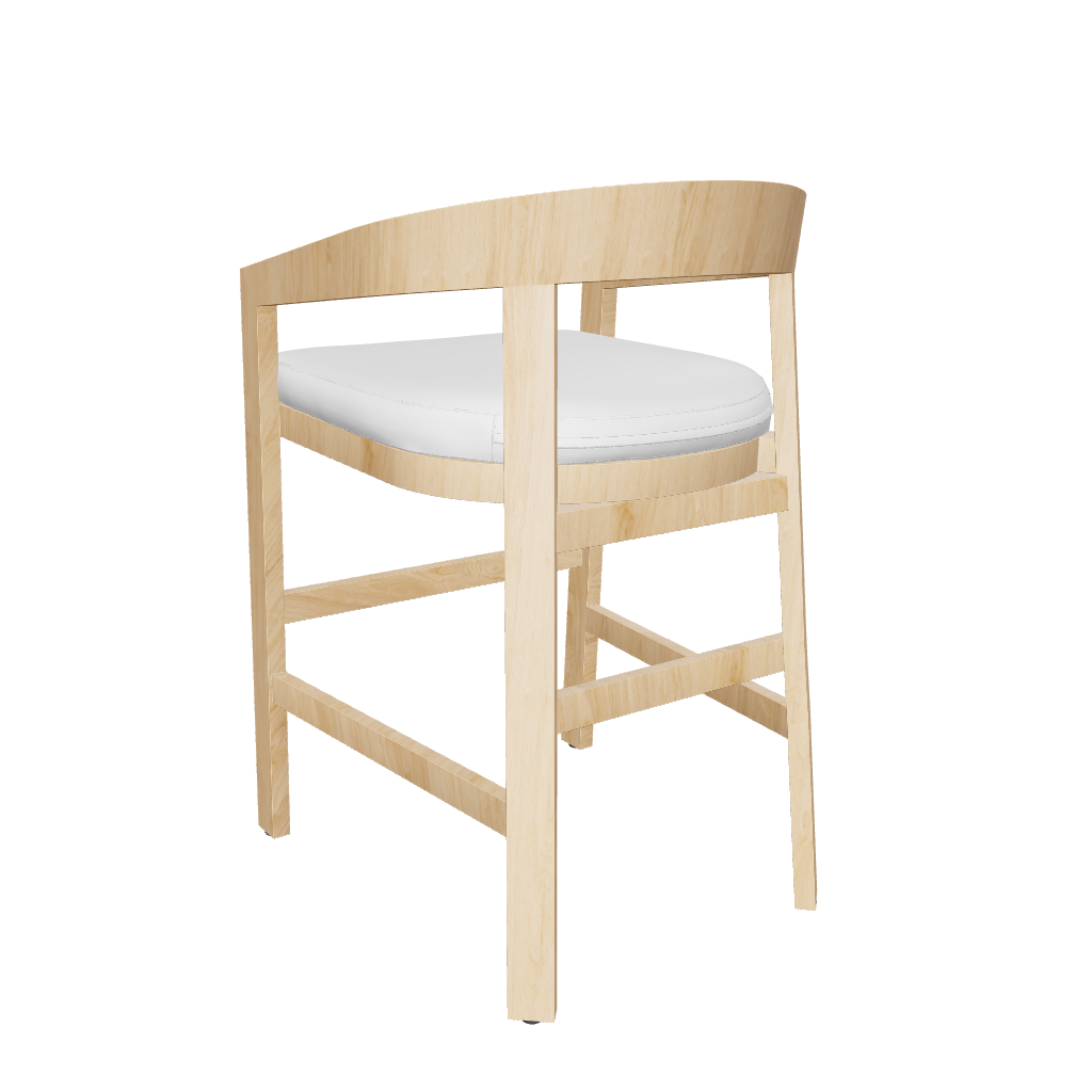 Light wood Vento counter stool with curved backrest and white cushioned seat, shown from rear angle.