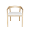 Front view of a natural wooden outdoor dining chair with a curved back and a white upholstered seat.