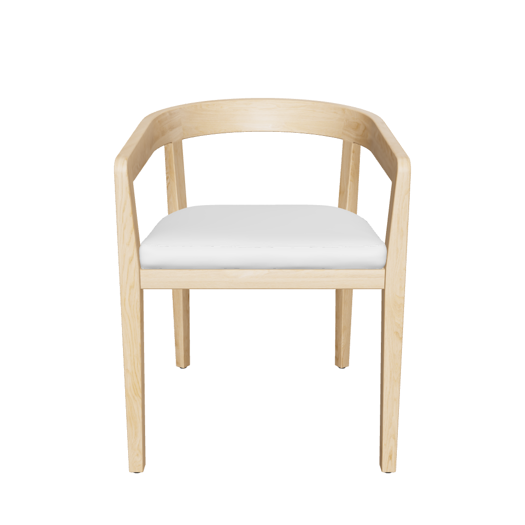 Front view of a natural wooden outdoor dining chair with a curved back and a white upholstered seat.