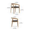 A wooden outdoor dining chair with two types of views, showing its full dimensions and measurements.